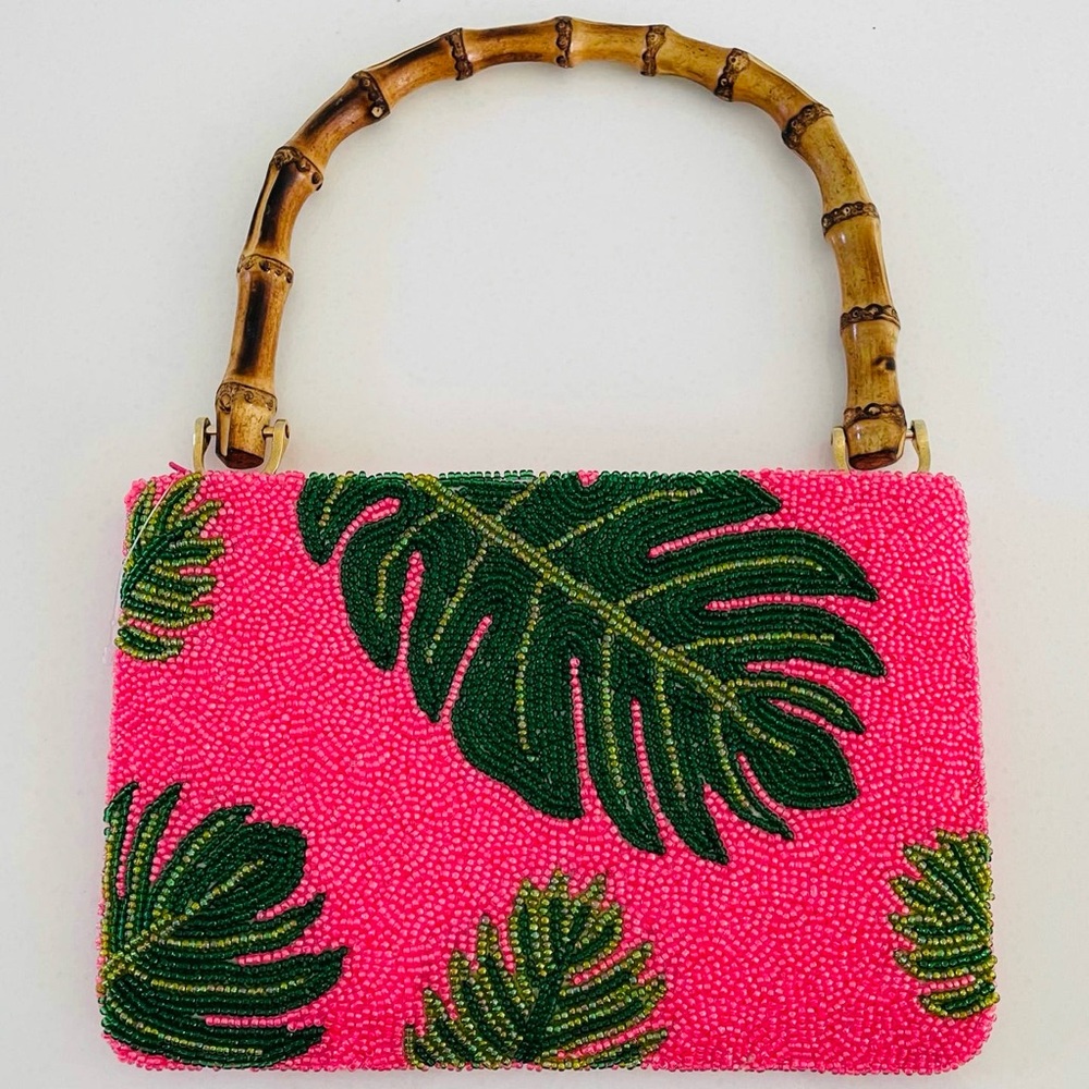 Tropical Pink Beaded Clutch with Bamboo Handle